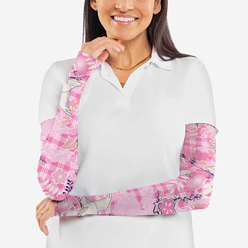 Pink Palaka Crane and Flowers Arm Sleeves Japan Heritage Spirit - Polynesian Pride