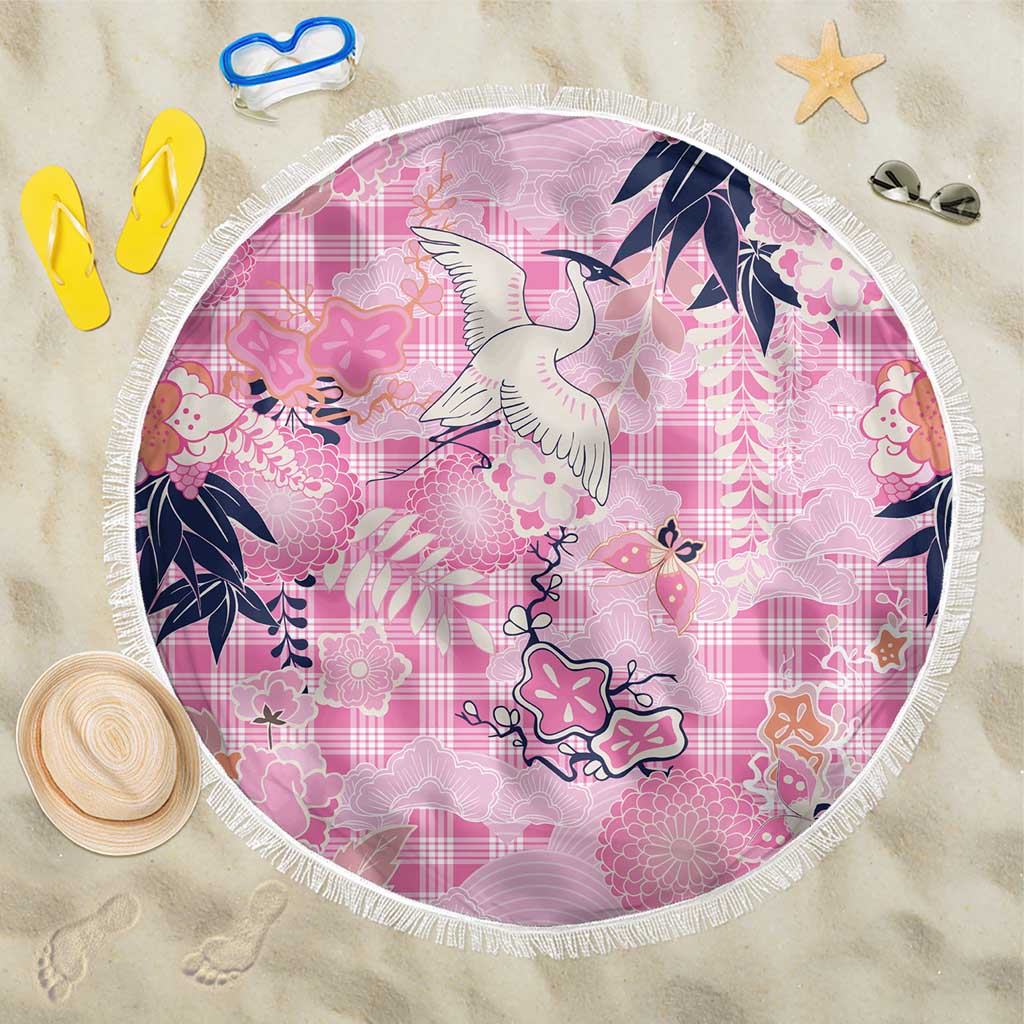 Pink Palaka Crane and Flowers Beach Blanket Japan Heritage Spirit LT9 One Size 150cm Pink - Polynesian Pride