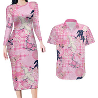 Pink Palaka Crane and Flowers Couples Matching Long Sleeve Bodycon Dress and Hawaiian Shirt Japan Heritage Spirit LT9 Pink - Polynesian Pride
