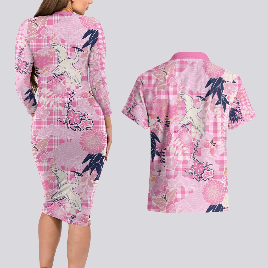 Pink Palaka Crane and Flowers Couples Matching Long Sleeve Bodycon Dress and Hawaiian Shirt Japan Heritage Spirit LT9 - Polynesian Pride