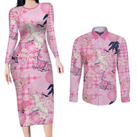 Pink Palaka Crane and Flowers Couples Matching Long Sleeve Bodycon Dress and Long Sleeve Button Shirt Japan Heritage Spirit LT9 Pink - Polynesian Pride