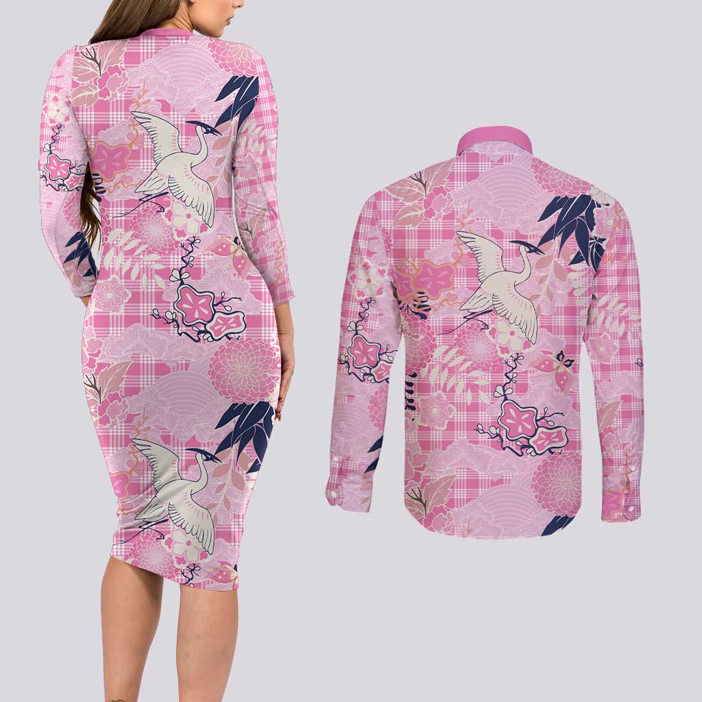 Pink Palaka Crane and Flowers Couples Matching Long Sleeve Bodycon Dress and Long Sleeve Button Shirt Japan Heritage Spirit LT9 - Polynesian Pride