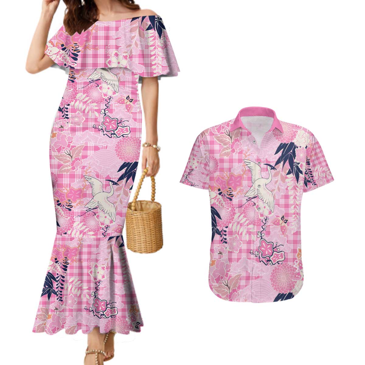 Pink Palaka Crane and Flowers Couples Matching Mermaid Dress and Hawaiian Shirt Japan Heritage Spirit LT9 Pink - Polynesian Pride
