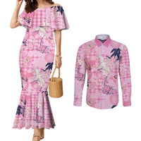 Pink Palaka Crane and Flowers Couples Matching Mermaid Dress and Long Sleeve Button Shirt Japan Heritage Spirit LT9 Pink - Polynesian Pride