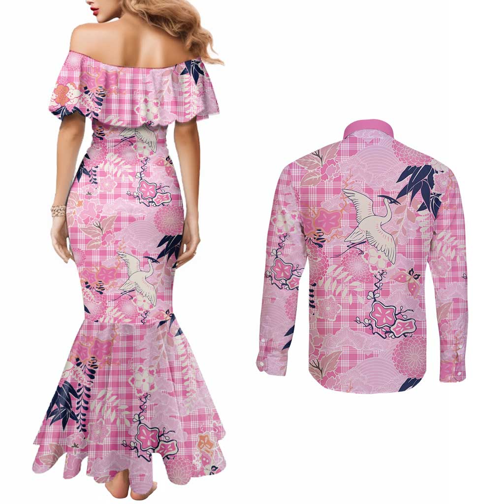 Pink Palaka Crane and Flowers Couples Matching Mermaid Dress and Long Sleeve Button Shirt Japan Heritage Spirit LT9 - Polynesian Pride