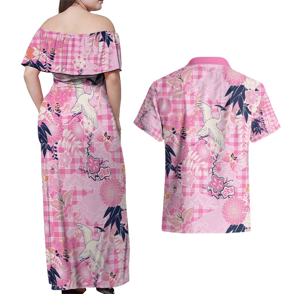 Pink Palaka Crane and Flowers Couples Matching Off Shoulder Maxi Dress and Hawaiian Shirt Japan Heritage Spirit LT9 - Polynesian Pride