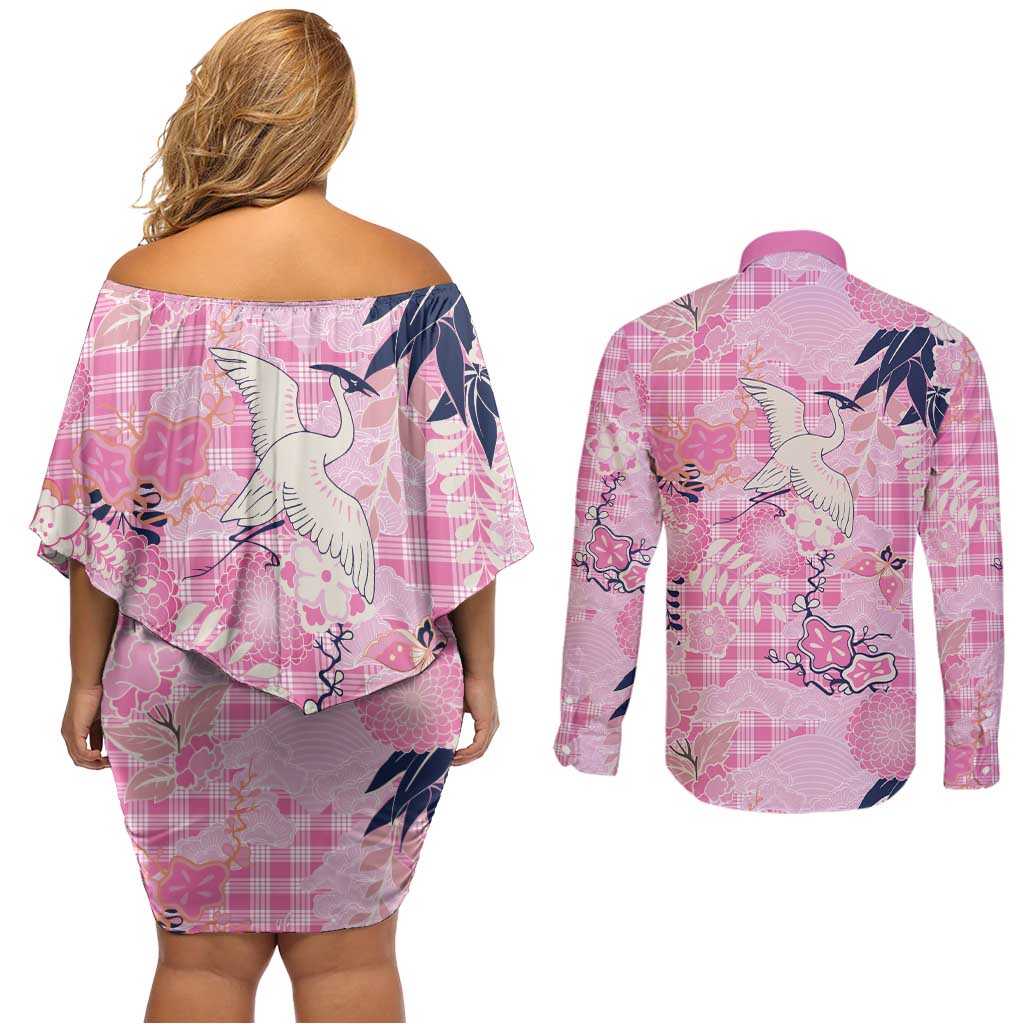 Pink Palaka Crane and Flowers Couples Matching Off Shoulder Short Dress and Long Sleeve Button Shirt Japan Heritage Spirit LT9 - Polynesian Pride