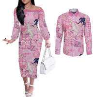 Pink Palaka Crane and Flowers Couples Matching Off The Shoulder Long Sleeve Dress and Long Sleeve Button Shirt Japan Heritage Spirit LT9 Pink - Polynesian Pride