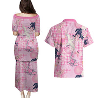 Pink Palaka Crane and Flowers Couples Matching Puletasi and Hawaiian Shirt Japan Heritage Spirit LT9 - Polynesian Pride