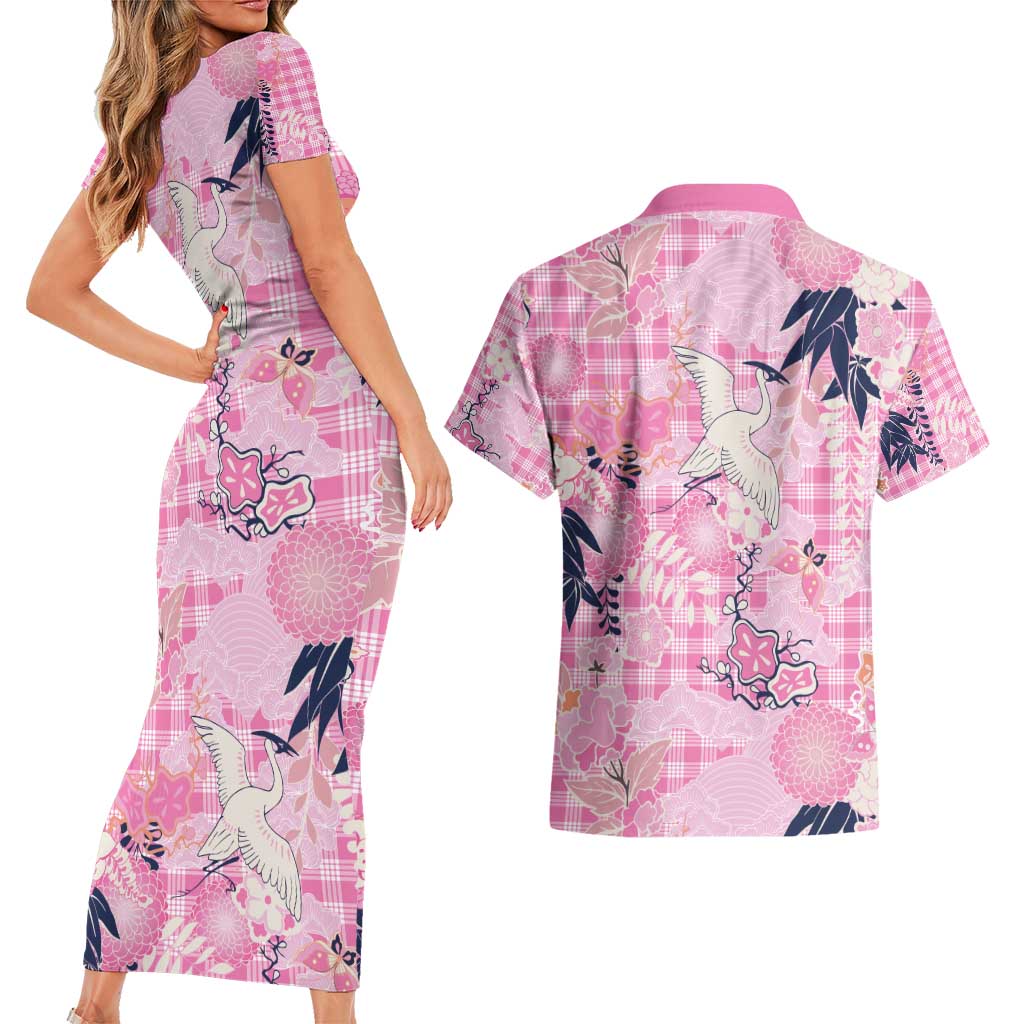 Pink Palaka Crane and Flowers Couples Matching Short Sleeve Bodycon Dress and Hawaiian Shirt Japan Heritage Spirit LT9 - Polynesian Pride