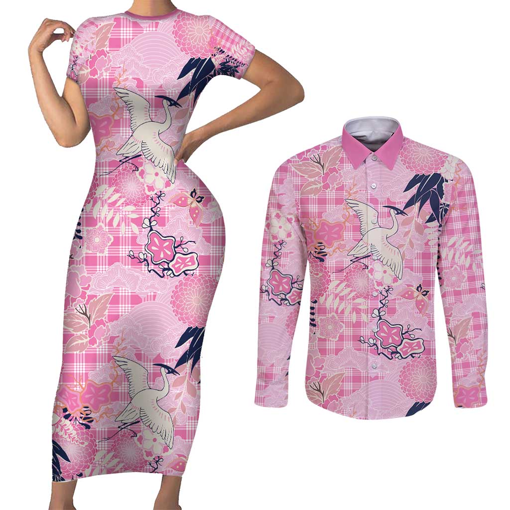 Pink Palaka Crane and Flowers Couples Matching Short Sleeve Bodycon Dress and Long Sleeve Button Shirt Japan Heritage Spirit LT9 Pink - Polynesian Pride