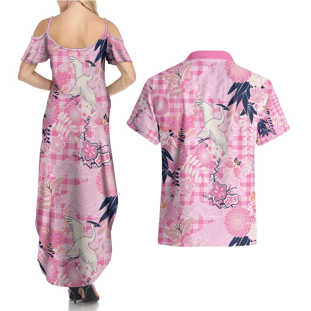 Pink Palaka Crane and Flowers Couples Matching Summer Maxi Dress and Hawaiian Shirt Japan Heritage Spirit LT9 - Polynesian Pride