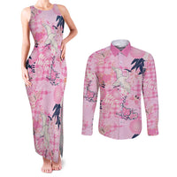 Pink Palaka Crane and Flowers Couples Matching Tank Maxi Dress and Long Sleeve Button Shirt Japan Heritage Spirit LT9 Pink - Polynesian Pride