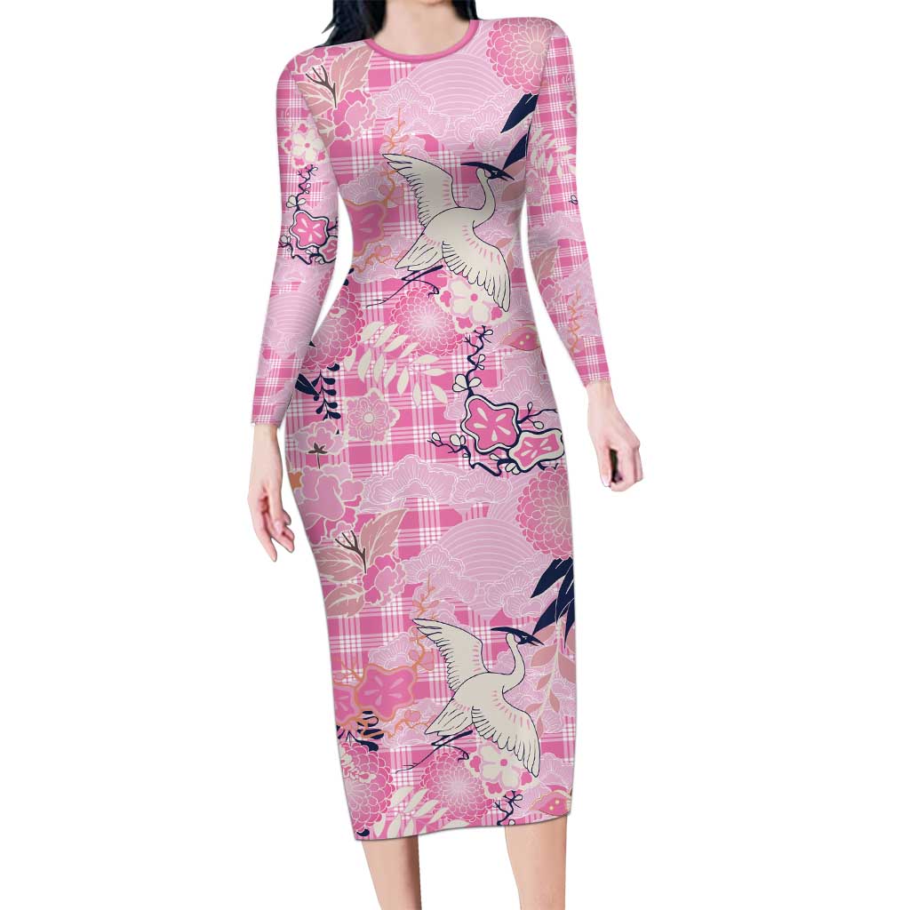 Pink Palaka Crane and Flowers Family Matching Long Sleeve Bodycon Dress and Hawaiian Shirt Japan Heritage Spirit LT9 Mom's Dress Pink - Polynesian Pride