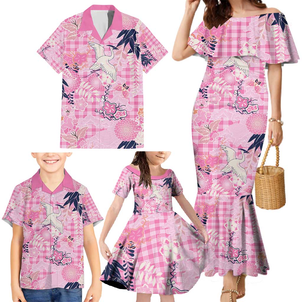 Pink Palaka Crane and Flowers Family Matching Mermaid Dress and Hawaiian Shirt Japan Heritage Spirit LT9 - Polynesian Pride