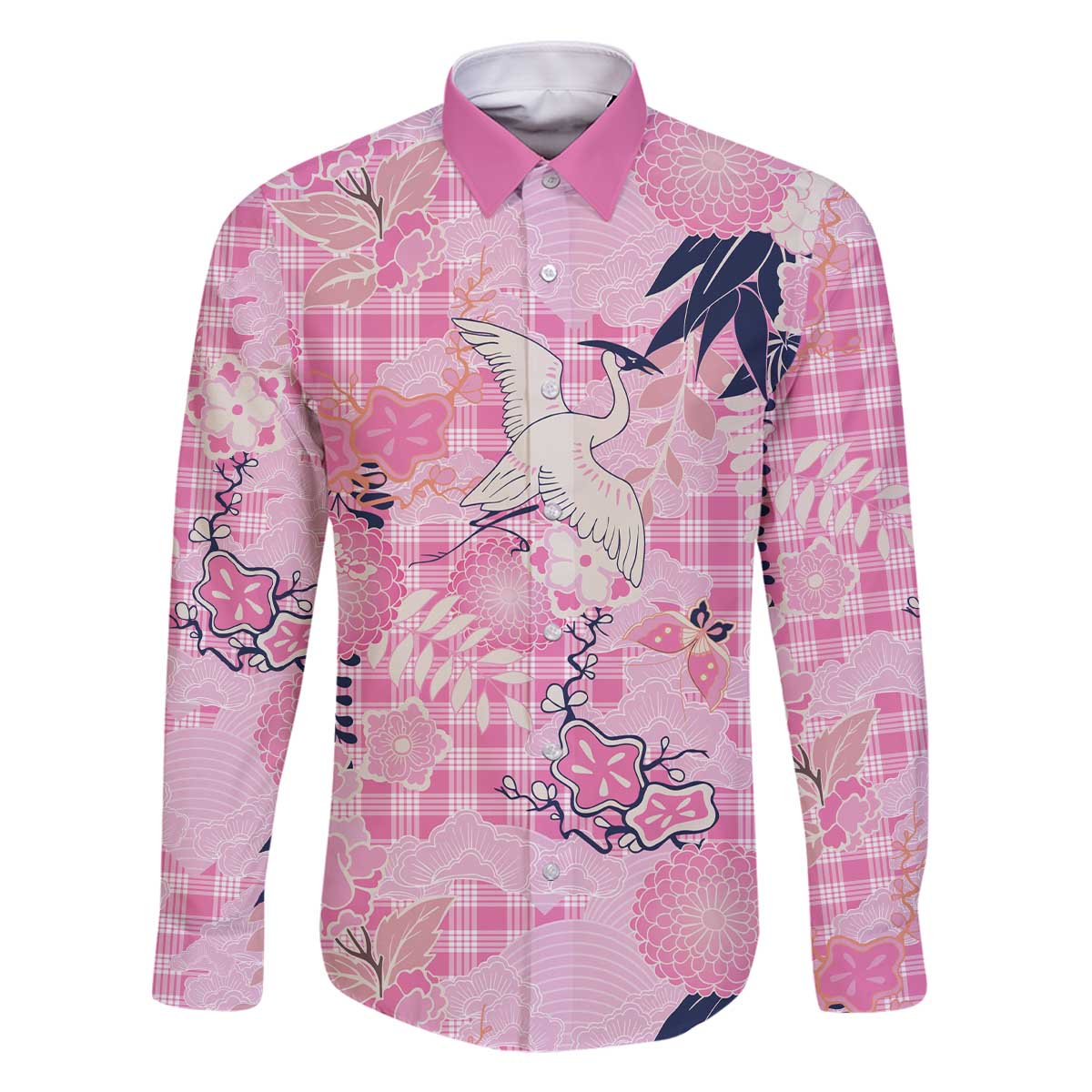 Pink Palaka Crane and Flowers Family Matching Off The Shoulder Long Sleeve Dress and Hawaiian Shirt Japan Heritage Spirit LT9 Dad's Shirt - Long Sleeve Pink - Polynesian Pride