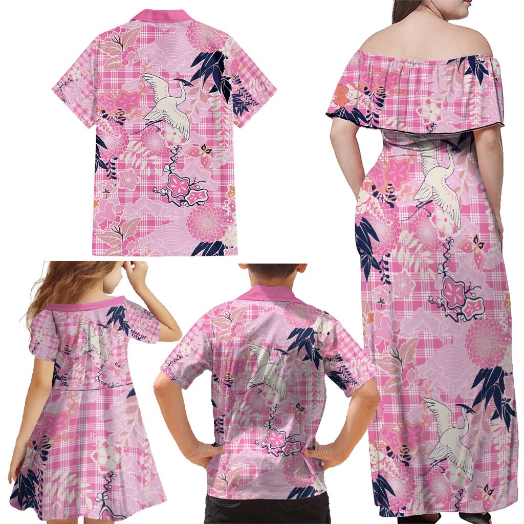 Pink Palaka Crane and Flowers Family Matching Off Shoulder Maxi Dress and Hawaiian Shirt Japan Heritage Spirit LT9 - Polynesian Pride