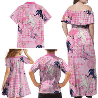 Pink Palaka Crane and Flowers Family Matching Off Shoulder Maxi Dress and Hawaiian Shirt Japan Heritage Spirit LT9 - Polynesian Pride