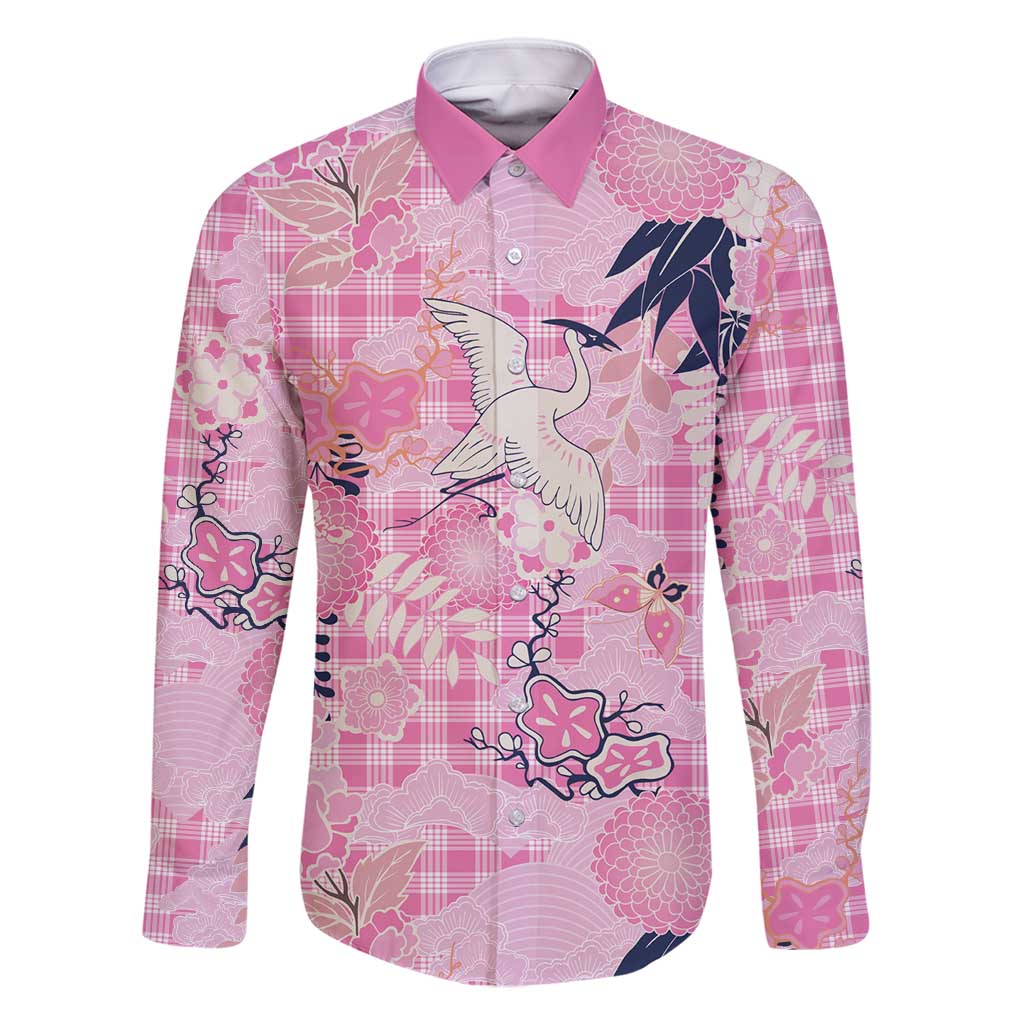 Pink Palaka Crane and Flowers Family Matching Off Shoulder Maxi Dress and Hawaiian Shirt Japan Heritage Spirit LT9 Dad's Shirt - Long Sleeve Pink - Polynesian Pride
