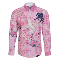 Pink Palaka Crane and Flowers Family Matching Off Shoulder Maxi Dress and Hawaiian Shirt Japan Heritage Spirit LT9 Dad's Shirt - Long Sleeve Pink - Polynesian Pride