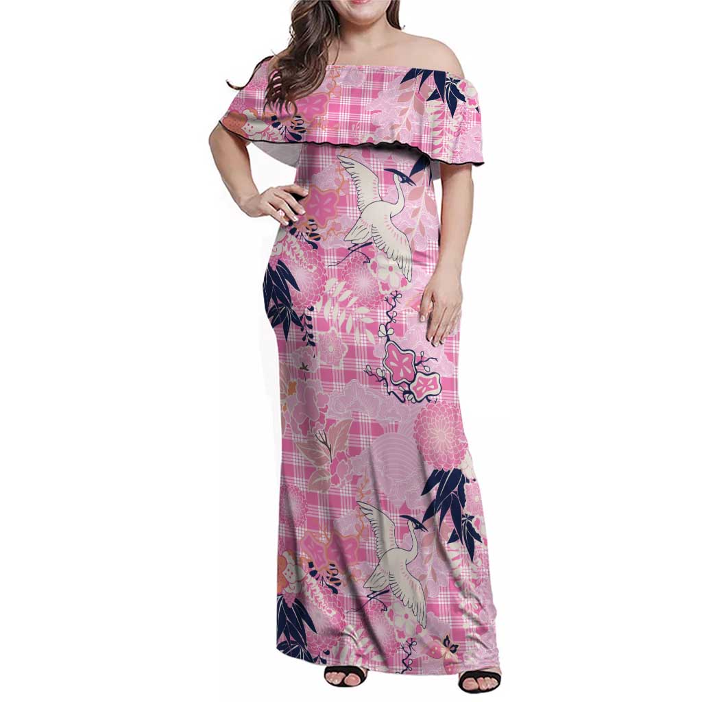 Pink Palaka Crane and Flowers Family Matching Off Shoulder Maxi Dress and Hawaiian Shirt Japan Heritage Spirit LT9 Mom's Dress Pink - Polynesian Pride
