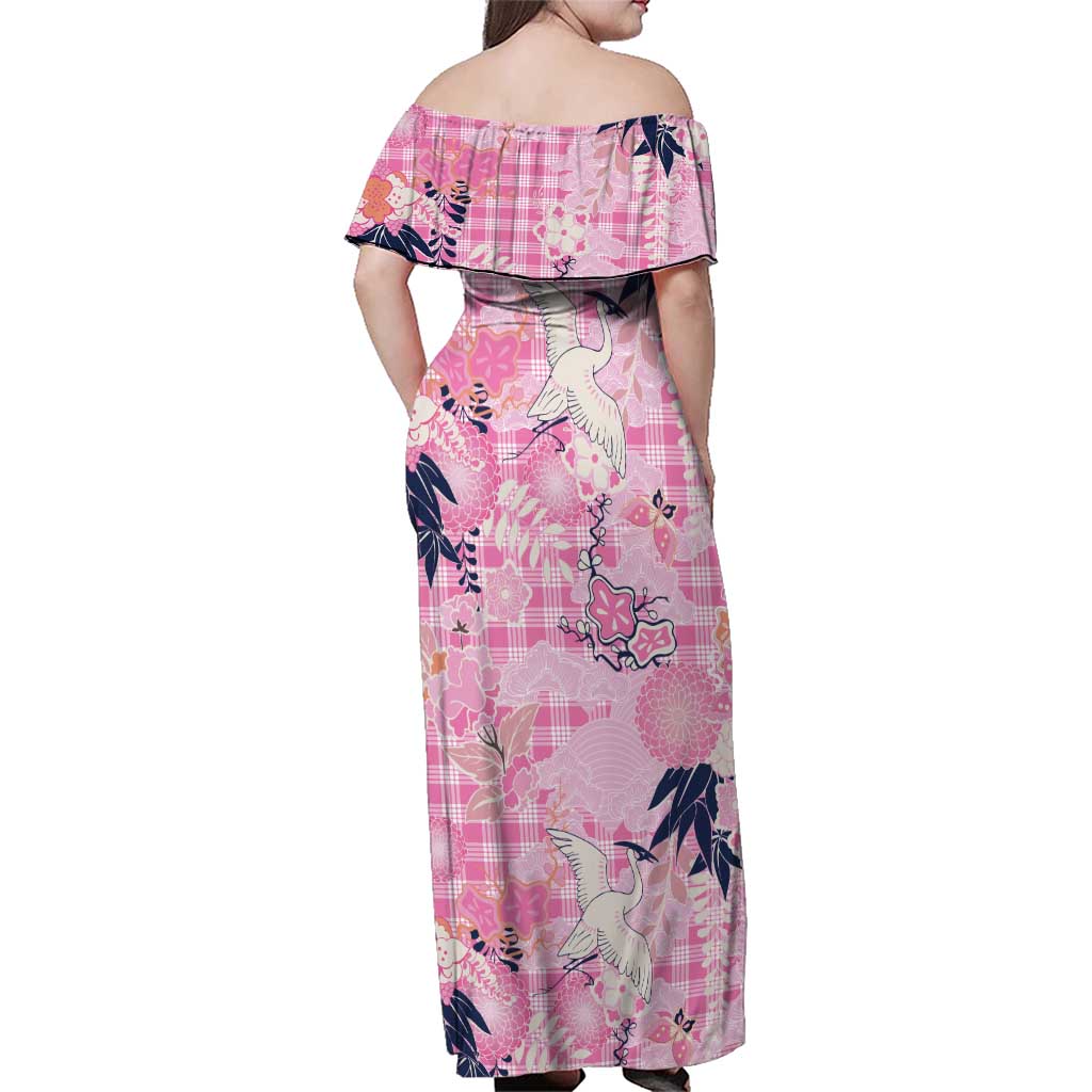 Pink Palaka Crane and Flowers Family Matching Off Shoulder Maxi Dress and Hawaiian Shirt Japan Heritage Spirit LT9 - Polynesian Pride