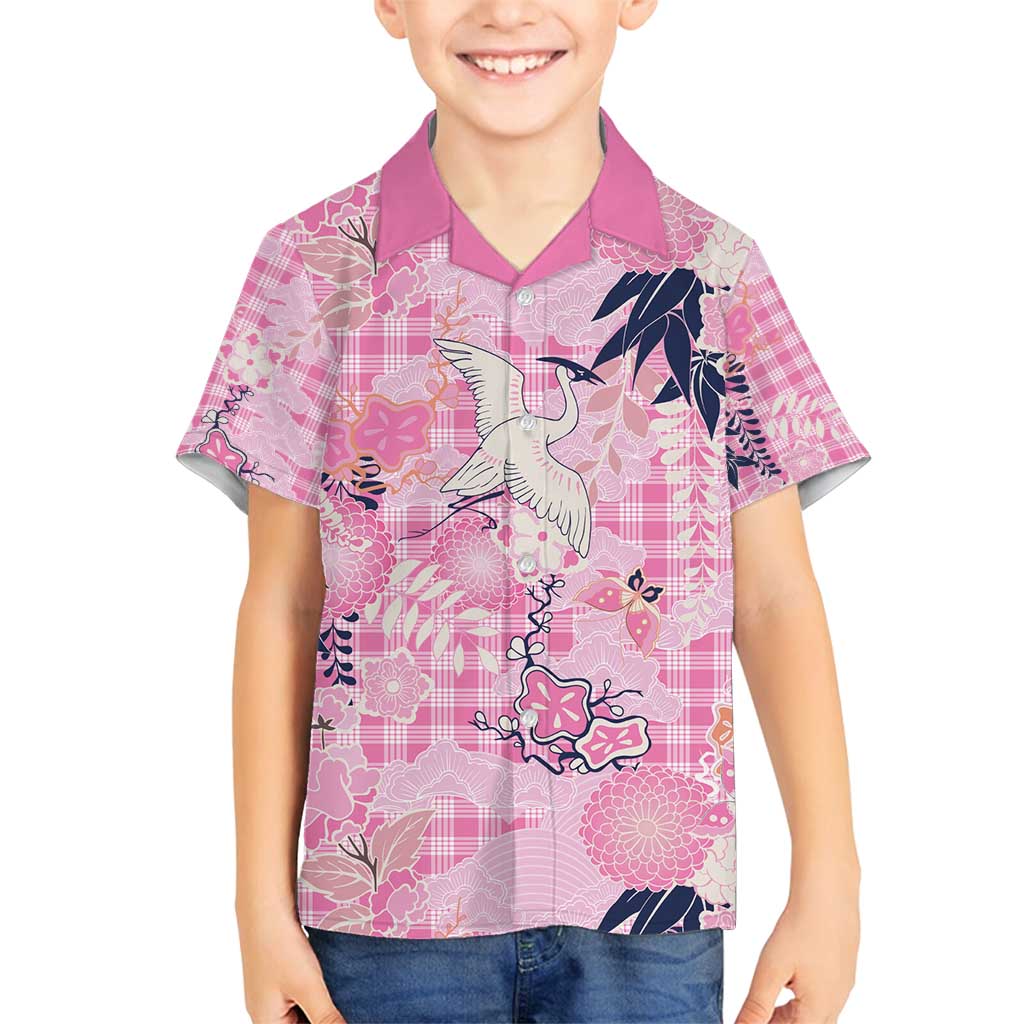 Pink Palaka Crane and Flowers Family Matching Off Shoulder Maxi Dress and Hawaiian Shirt Japan Heritage Spirit LT9 Son's Shirt Pink - Polynesian Pride