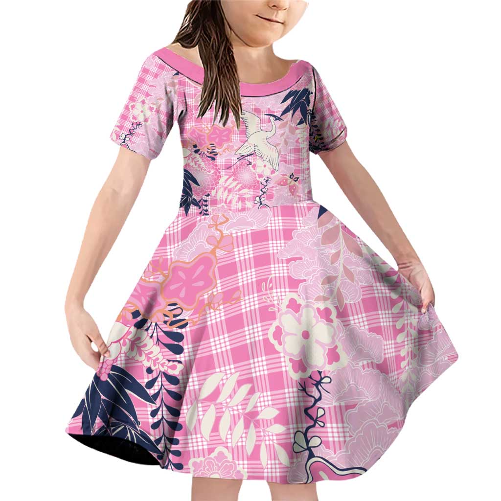 Pink Palaka Crane and Flowers Family Matching Off Shoulder Short Dress and Hawaiian Shirt Japan Heritage Spirit LT9 Daughter's Dress Pink - Polynesian Pride