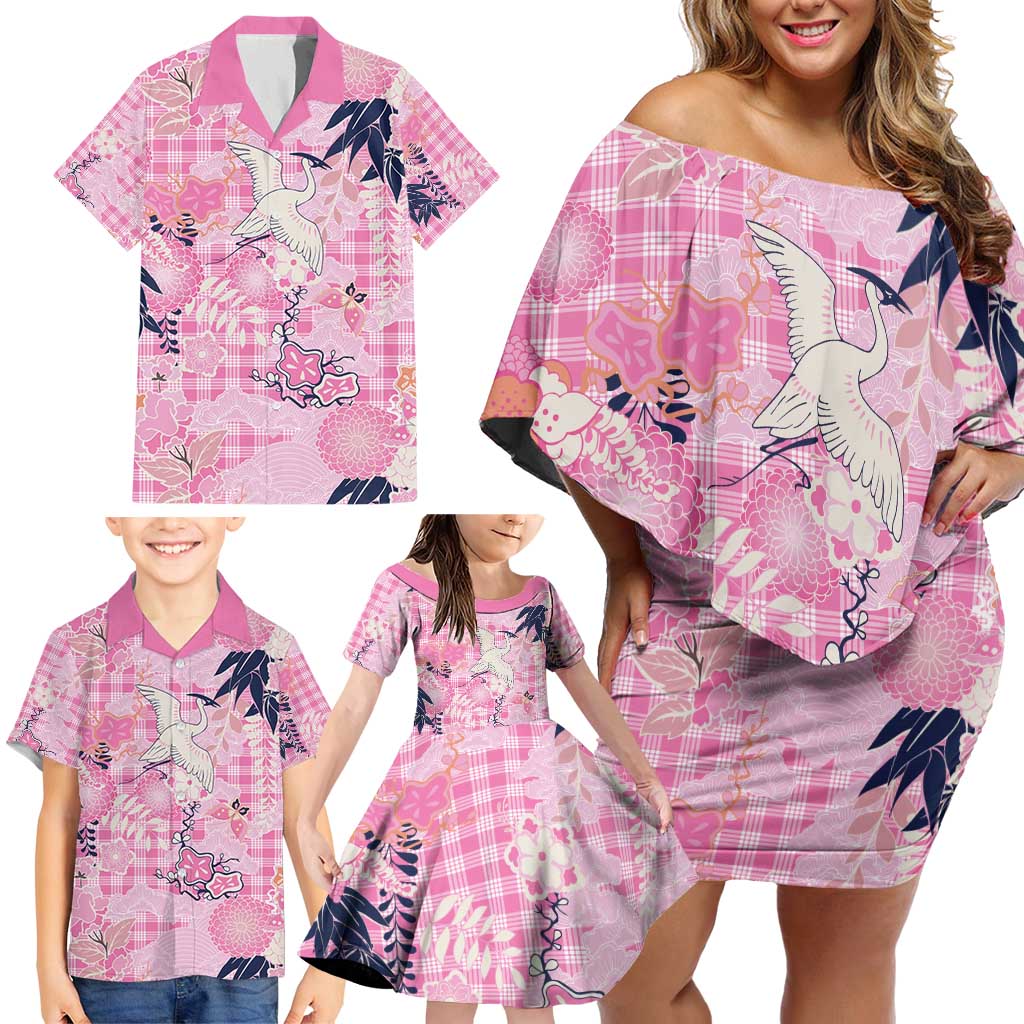 Pink Palaka Crane and Flowers Family Matching Off Shoulder Short Dress and Hawaiian Shirt Japan Heritage Spirit LT9 - Polynesian Pride