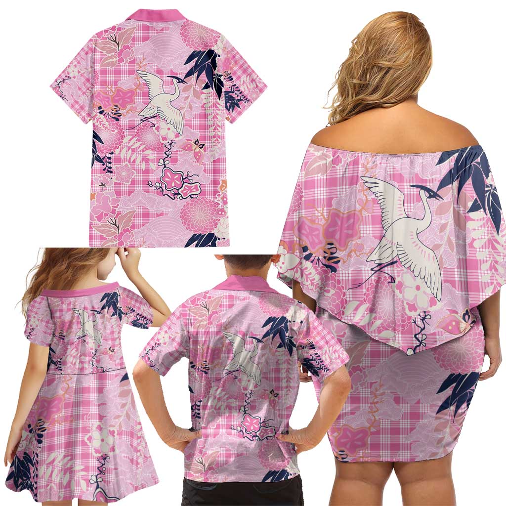 Pink Palaka Crane and Flowers Family Matching Off Shoulder Short Dress and Hawaiian Shirt Japan Heritage Spirit LT9 - Polynesian Pride