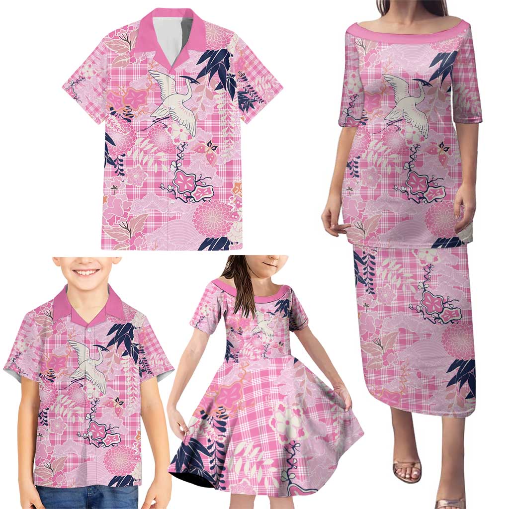 Pink Palaka Crane and Flowers Family Matching Puletasi and Hawaiian Shirt Japan Heritage Spirit LT9 - Polynesian Pride