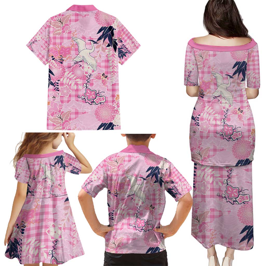 Pink Palaka Crane and Flowers Family Matching Puletasi and Hawaiian Shirt Japan Heritage Spirit LT9 - Polynesian Pride