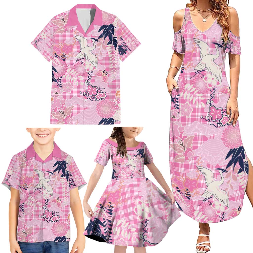 Pink Palaka Crane and Flowers Family Matching Summer Maxi Dress and Hawaiian Shirt Japan Heritage Spirit LT9 - Polynesian Pride