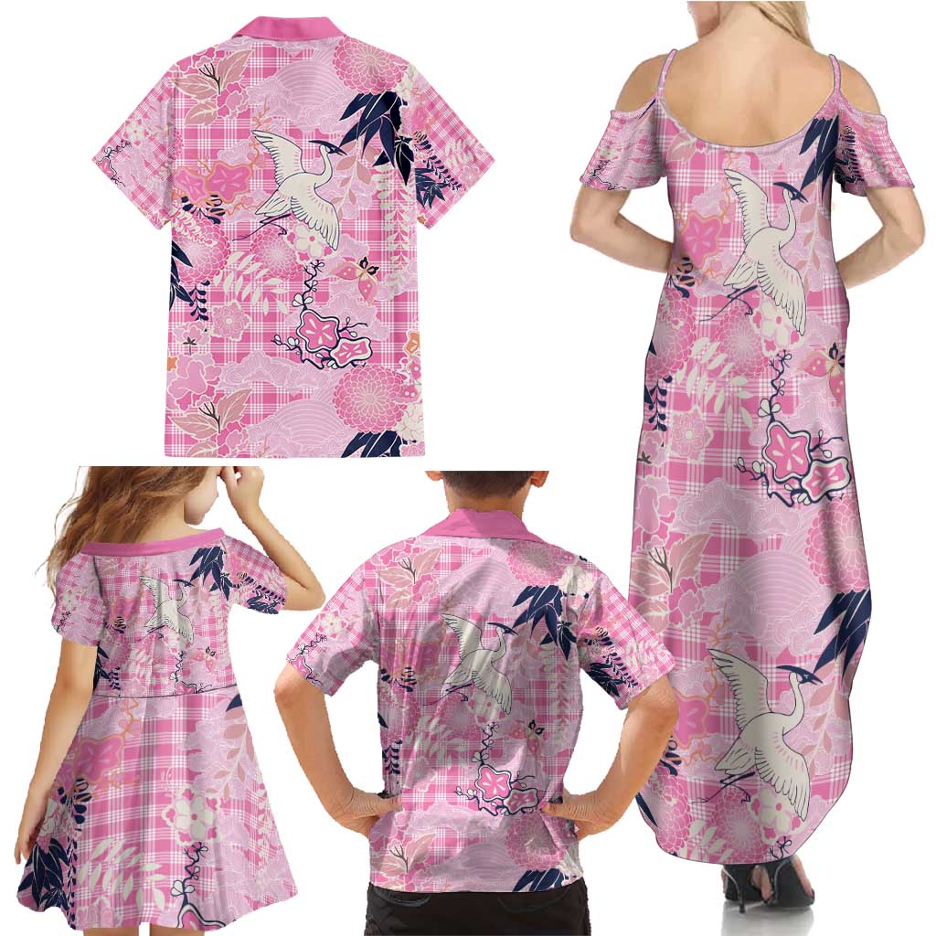 Pink Palaka Crane and Flowers Family Matching Summer Maxi Dress and Hawaiian Shirt Japan Heritage Spirit LT9 - Polynesian Pride