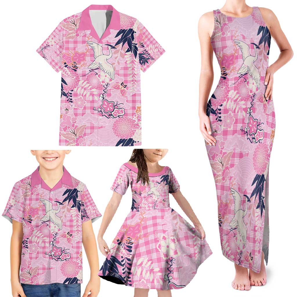 Pink Palaka Crane and Flowers Family Matching Tank Maxi Dress and Hawaiian Shirt Japan Heritage Spirit LT9 - Polynesian Pride