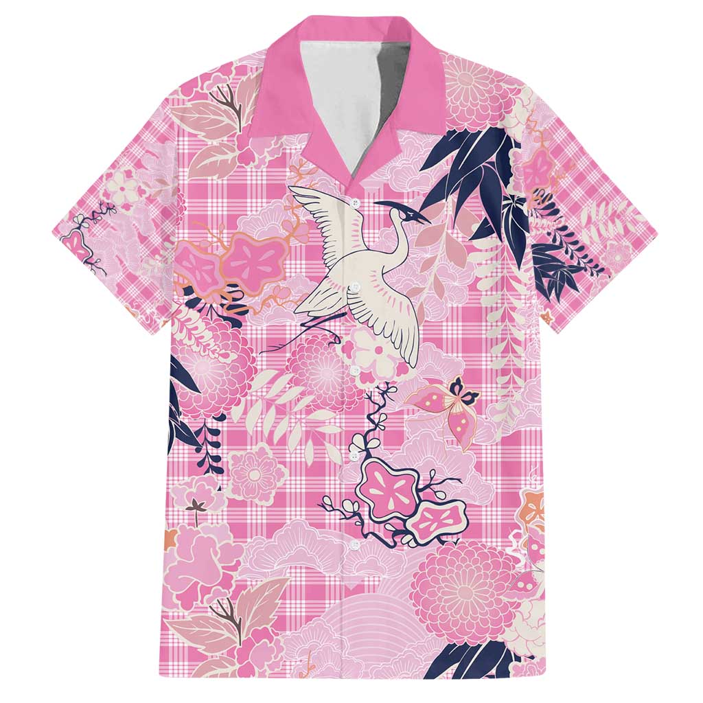 Pink Palaka Crane and Flowers Family Matching Tank Maxi Dress and Hawaiian Shirt Japan Heritage Spirit LT9 Dad's Shirt - Short Sleeve Pink - Polynesian Pride
