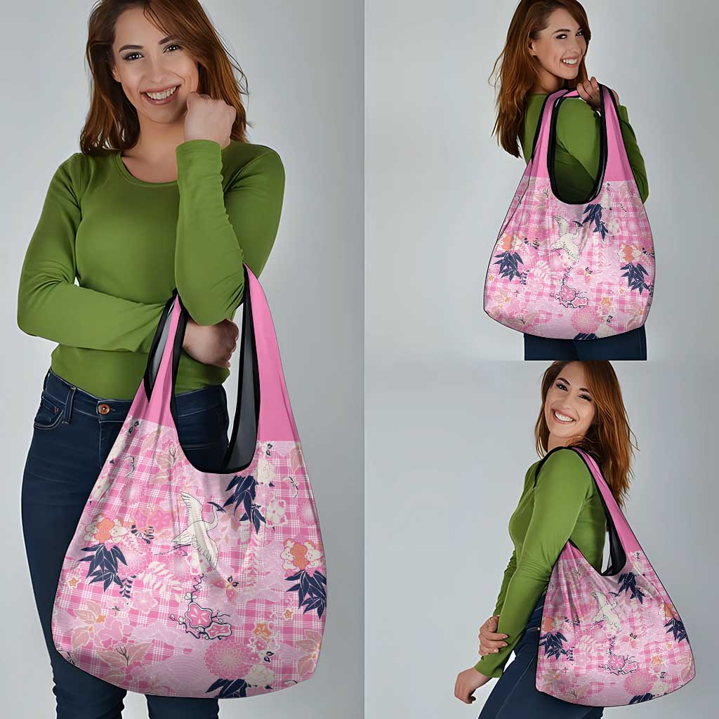 Pink Palaka Crane and Flowers Grocery Bag Japan Heritage Spirit - Polynesian Pride