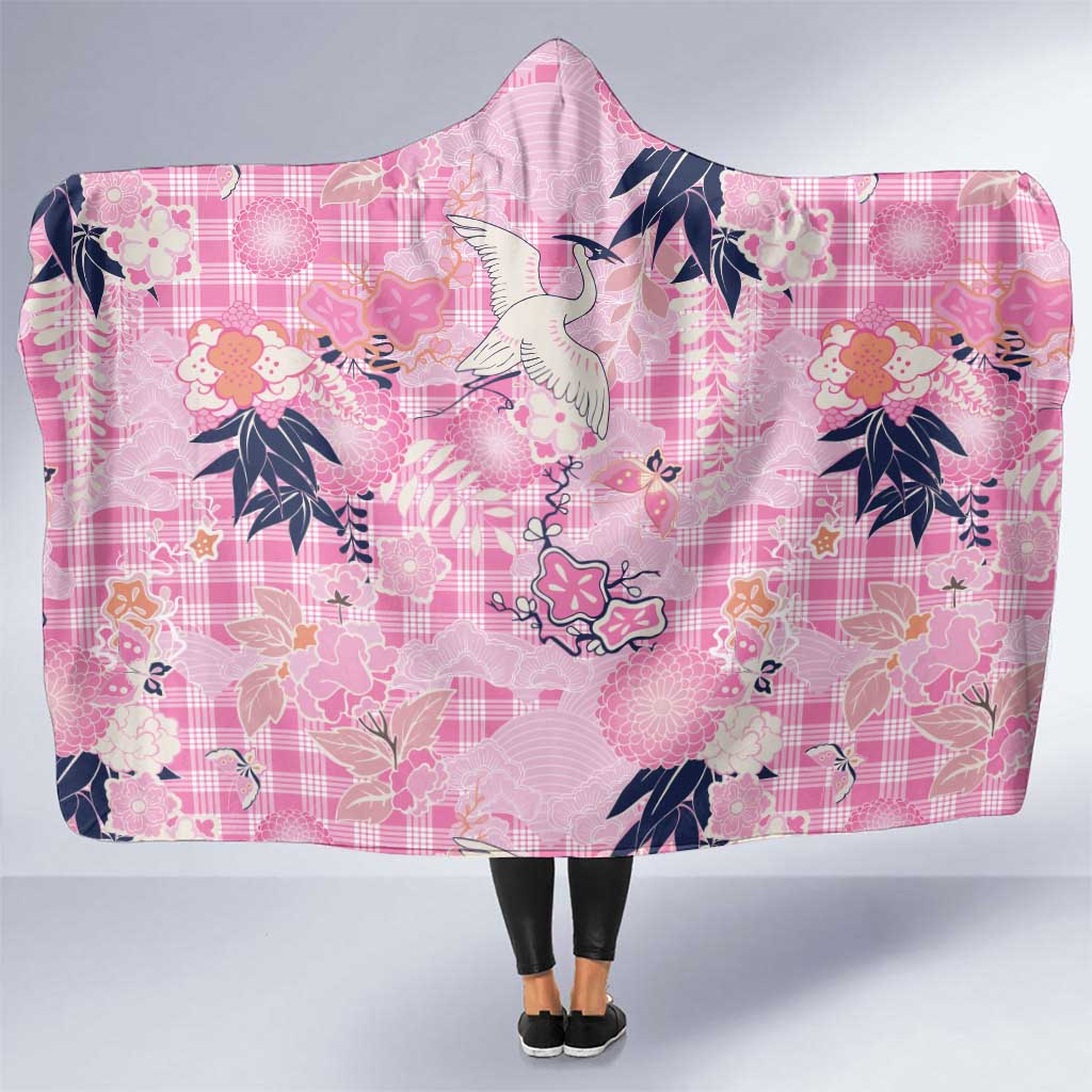 Pink Palaka Crane and Flowers Hooded Blanket Japan Heritage Spirit LT9 One Size Pink - Polynesian Pride