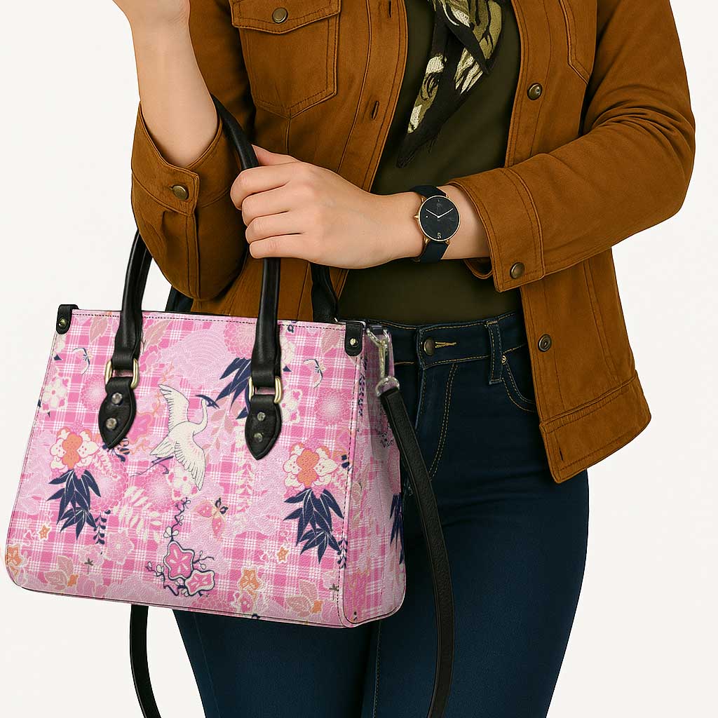 Pink Palaka Crane and Flowers Leather Bag Japan Heritage Spirit - Polynesian Pride