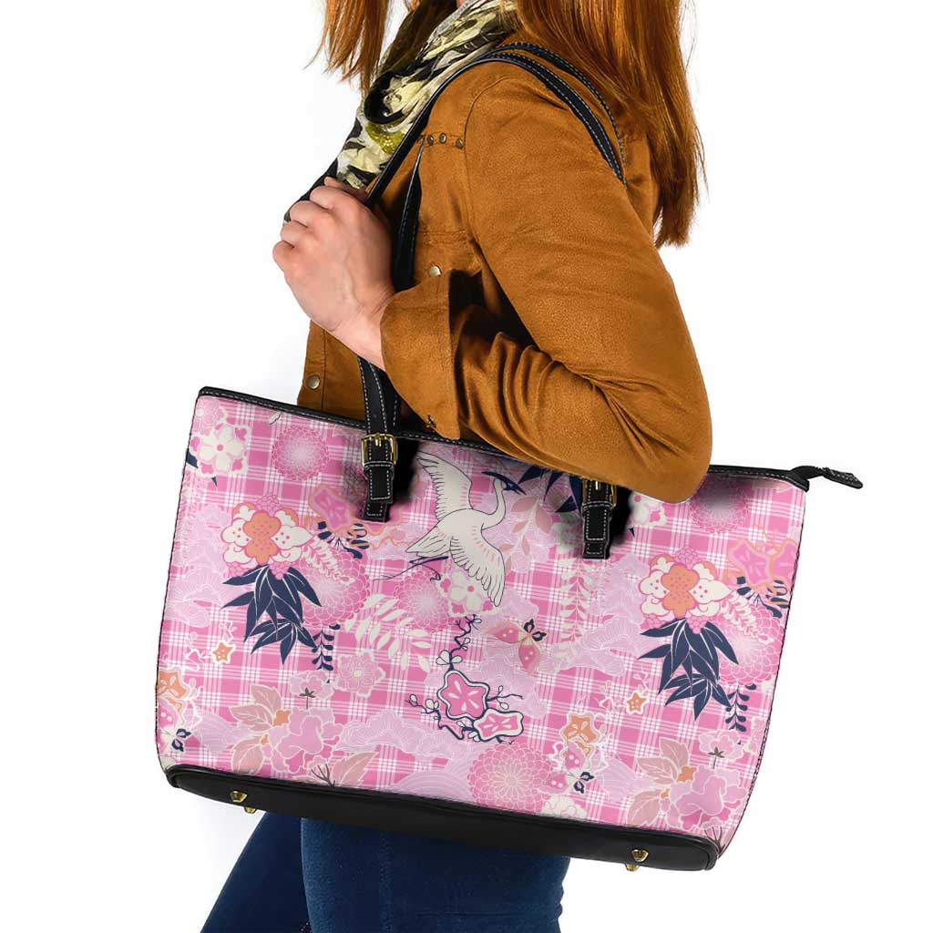 Pink Palaka Crane and Flowers Leather Tote Bag Japan Heritage Spirit LT9 Pink - Polynesian Pride
