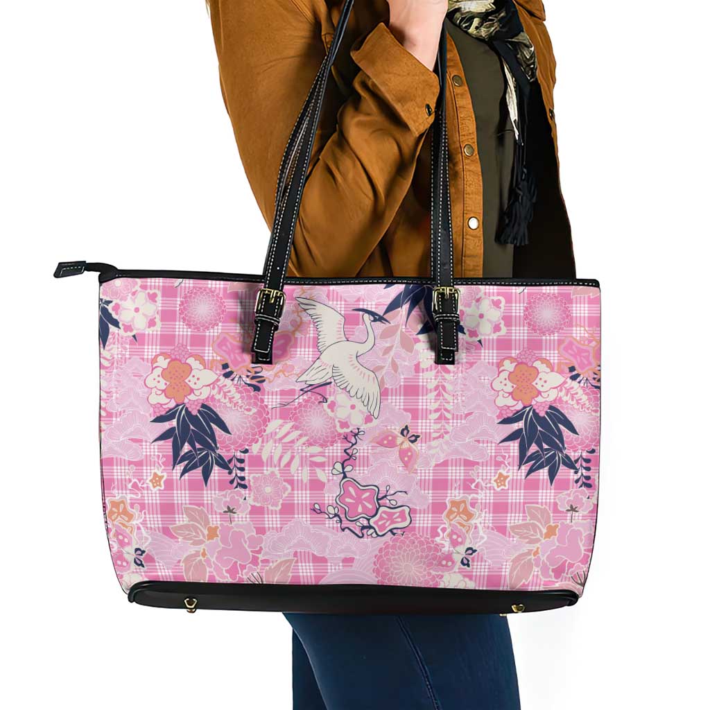 Pink Palaka Crane and Flowers Leather Tote Bag Japan Heritage Spirit LT9 - Polynesian Pride