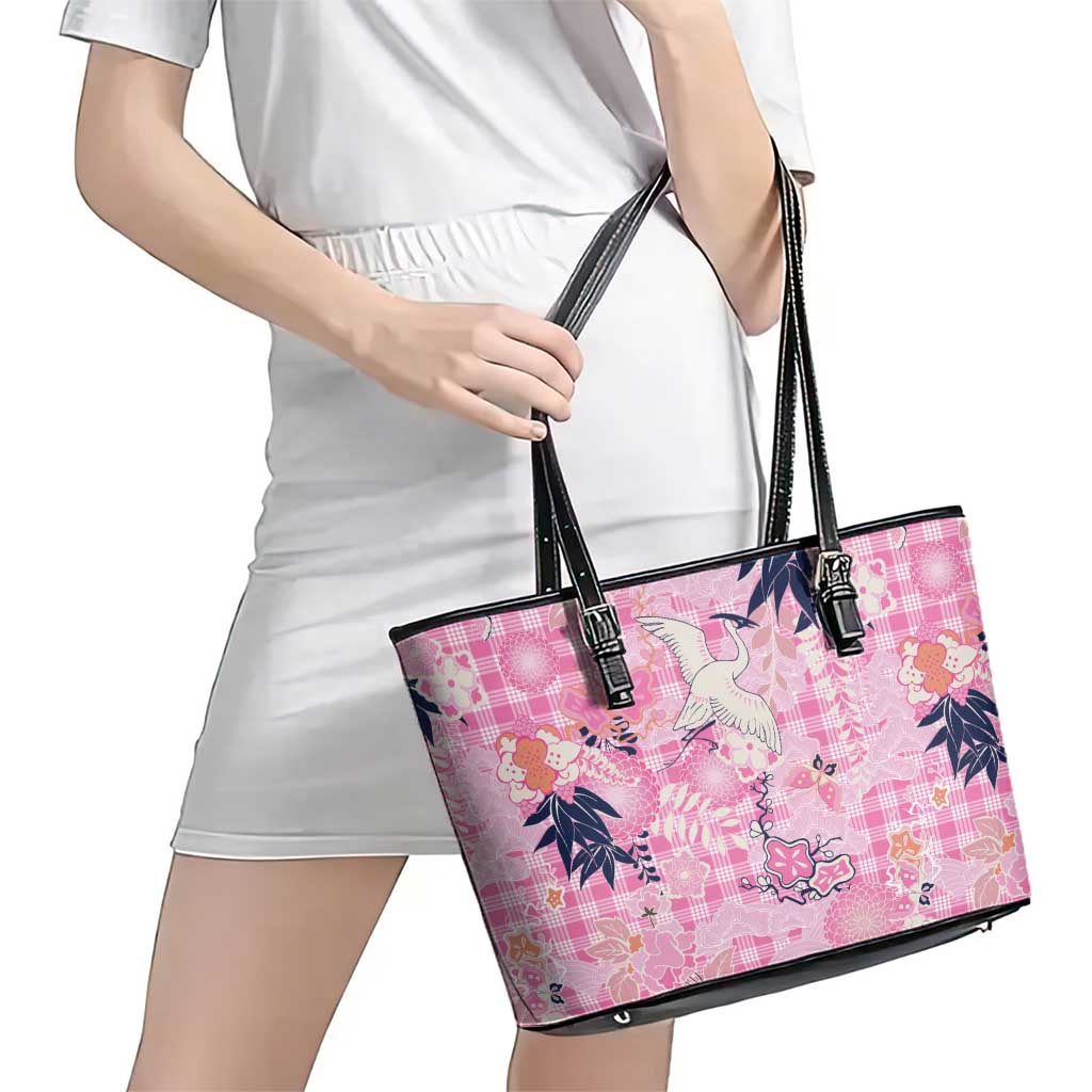 Pink Palaka Crane and Flowers Leather Tote Bag Japan Heritage Spirit LT9 - Polynesian Pride