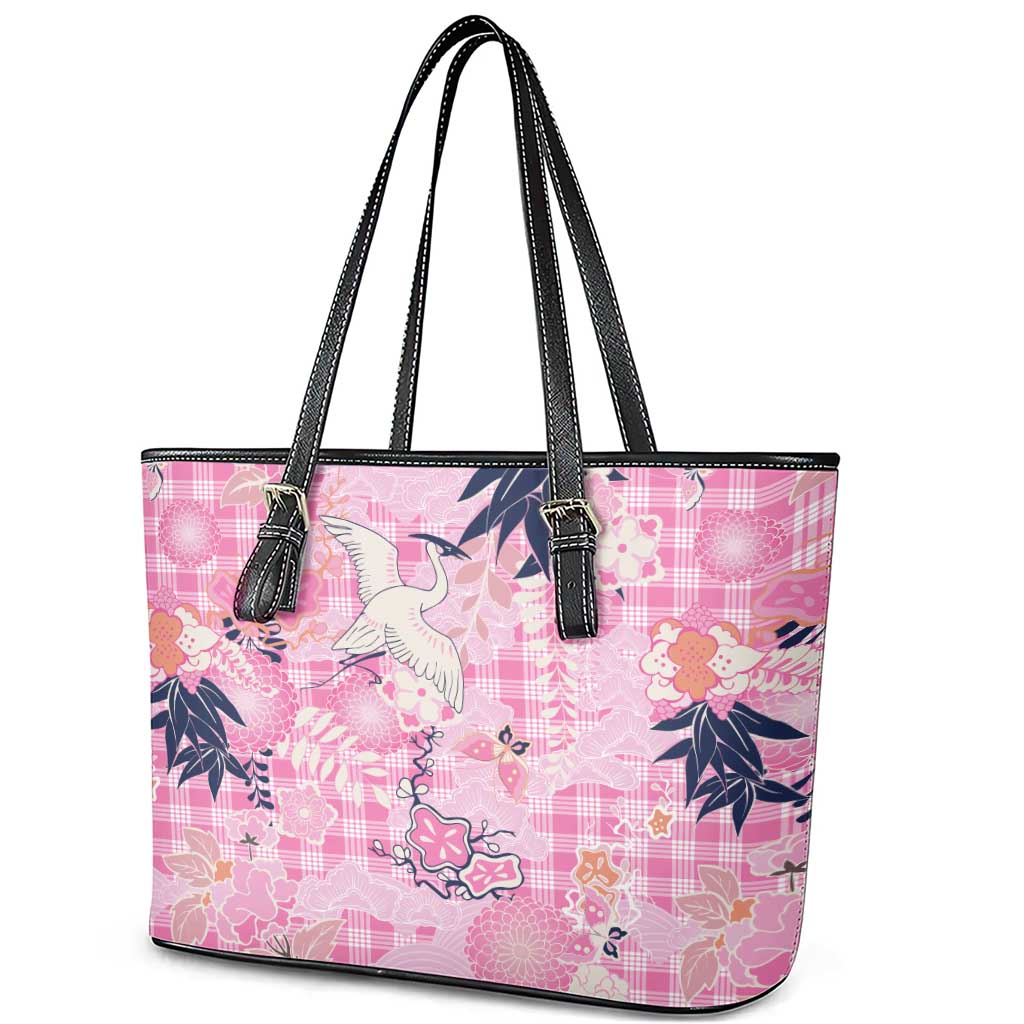 Pink Palaka Crane and Flowers Leather Tote Bag Japan Heritage Spirit LT9 - Polynesian Pride