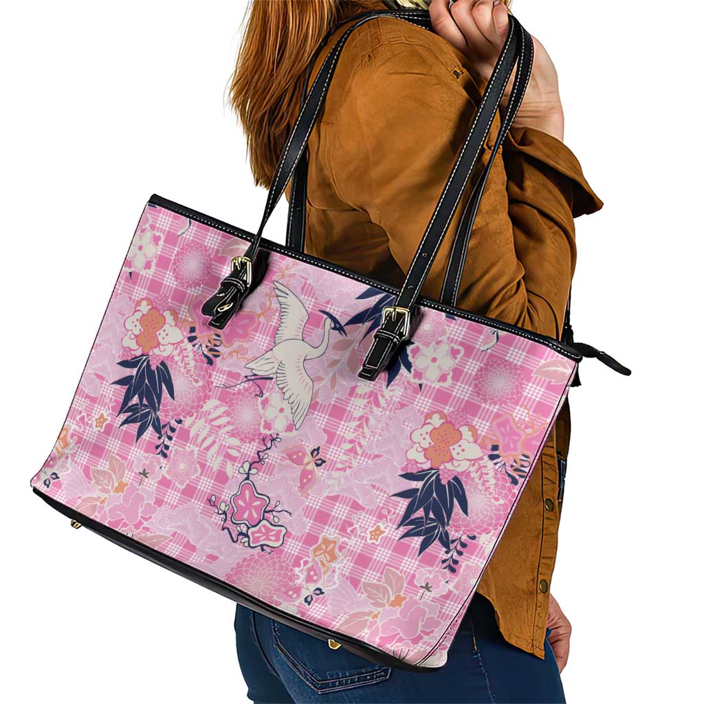 Pink Palaka Crane and Flowers Leather Tote Bag Japan Heritage Spirit LT9 - Polynesian Pride