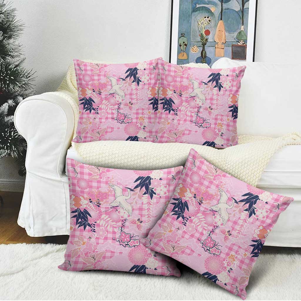 Pink Palaka Crane and Flowers Pillow Cover Japan Heritage Spirit - Polynesian Pride