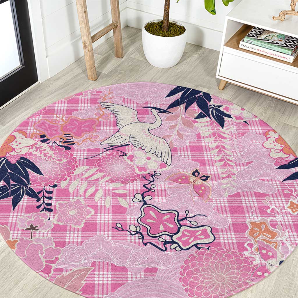 Pink Palaka Crane and Flowers Round Carpet Japan Heritage Spirit LT9 Pink - Polynesian Pride