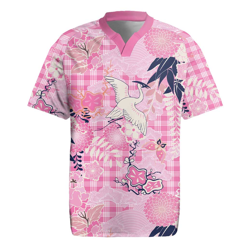 Pink Palaka Crane and Flowers Rugby Jersey Japan Heritage Spirit LT9 Pink - Polynesian Pride