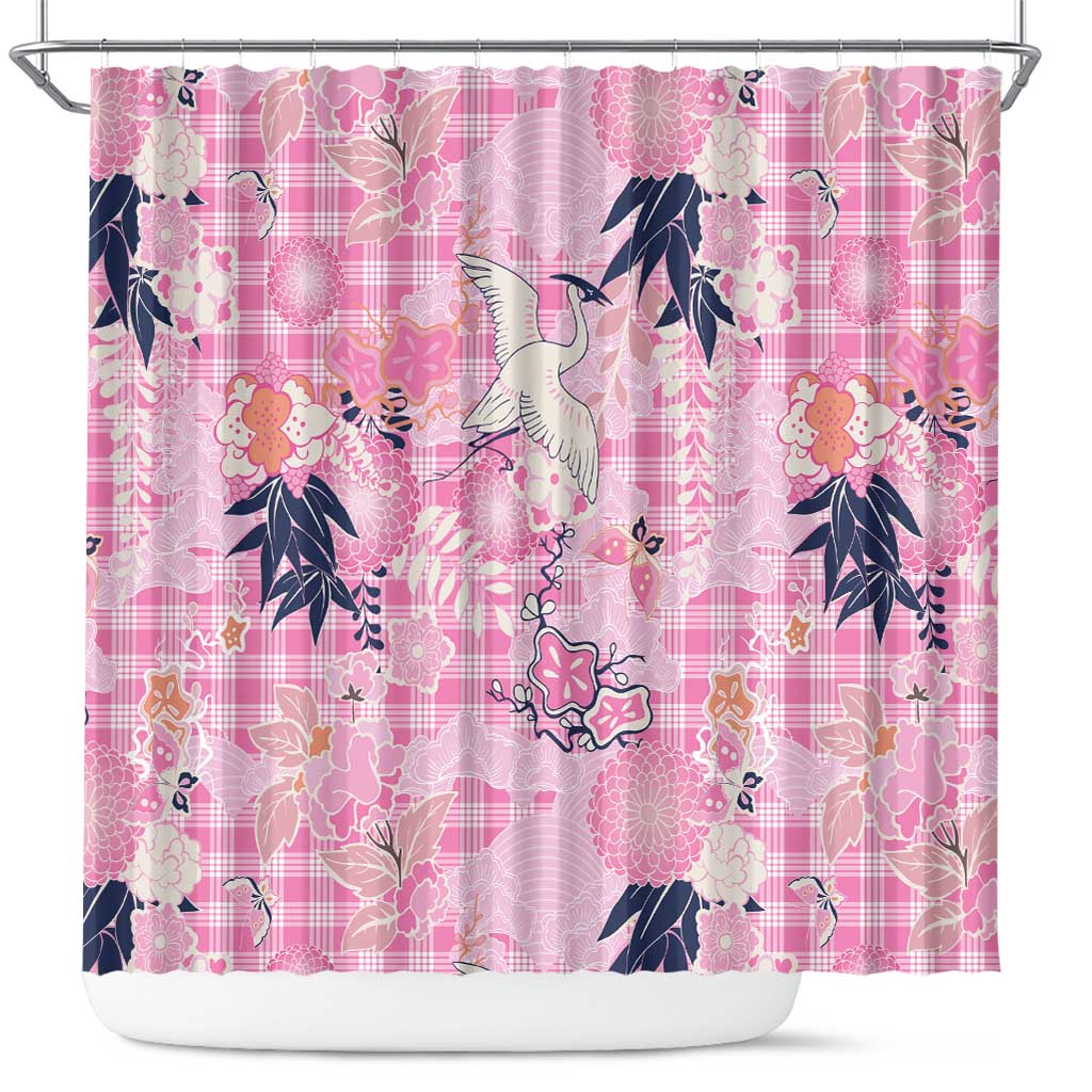 Pink Palaka Crane and Flowers Shower Curtain Japan Heritage Spirit LT9 Pink - Polynesian Pride