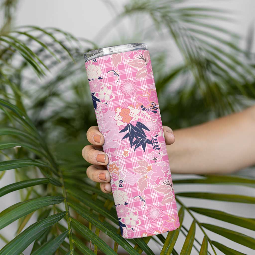 Pink Palaka Crane and Flowers Skinny Tumbler Japan Heritage Spirit LT9 - Polynesian Pride