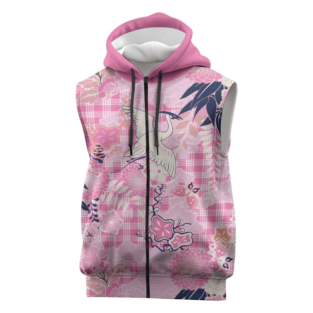 Pink Palaka Crane and Flowers Sleeveless Zip Hoodie Japan Heritage Spirit LT9 Pink - Polynesian Pride